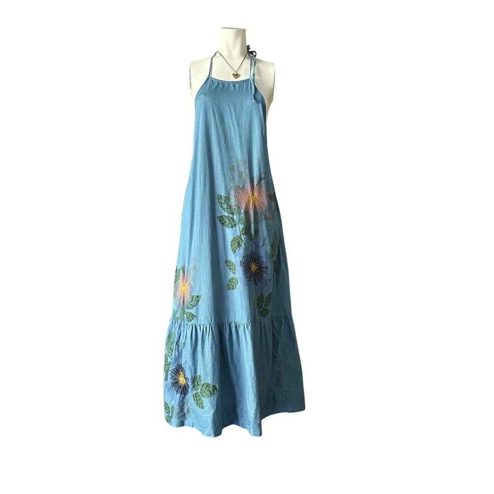 Anthropologie Pilcro Chambray Halter Embroidered Denim Midi Dress.  S EUC - Picture 3 of 13